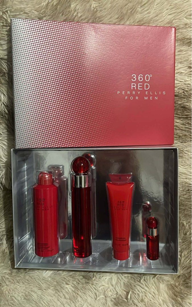 Perry Ellis 360 Red for Men Gift Set (Category: Fragrance & Deodorants) located in Manila. Submitted by charensancho (Listing ID 1410168936, Image 1). Description: - Perry Ellis 360 Red for Men Gift Set - Includes: - Full-size fragrance - Shower gel - Travel-size fragrance - All items are red - Brand new and unused - Comes in a red box.