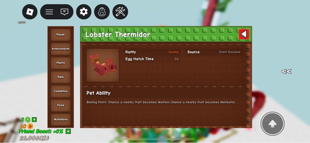 Grow a Garden lobster thermidor (Category: Everything Else Others) located in Pasig City. Submitted by molfindo0708 (Listing ID 1410103817, Image 2). Description: Selling a lobster thermidor for ₱ 100. Quick delivery and payment first. Get yours today! Only one!.