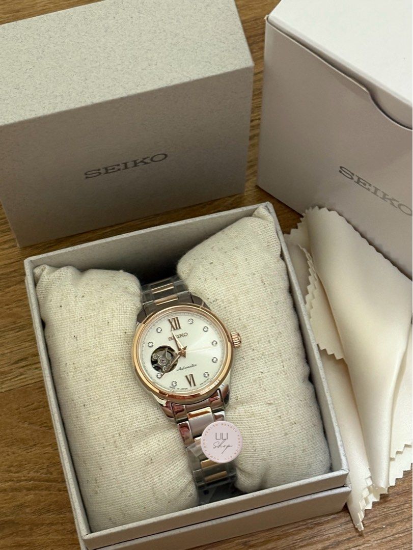 Seiko Watch SSDE010 Women's Automatic Open Heart (Category: Women's Watches) located in Quezon City. Submitted by shopcart (Listing ID 1410126053, Image 2). Description: Ref No SSDE010 Complete inclusions — authenticity guaranteed by box, tag, warranty booklet/card (protective stickers intact) JDM Mechanical Automatic 34mm Two-tone Silver/Pink Gold Open Heart model Crystal Indexes LumiBrite.