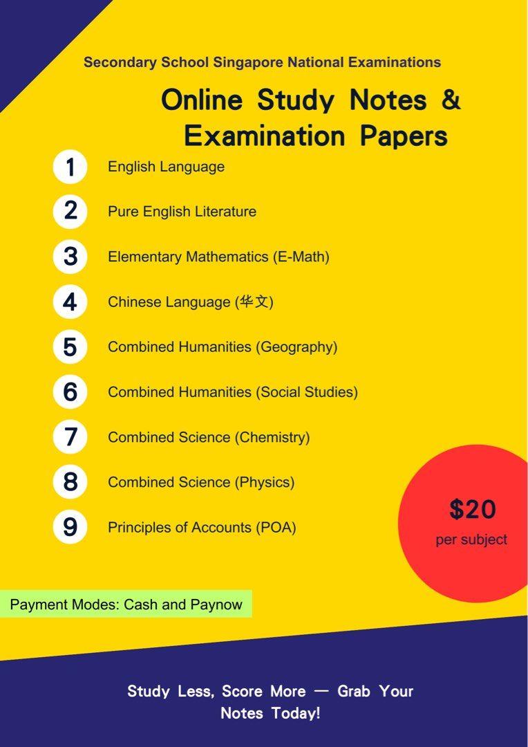 Study Notes & Practice Papers (Category: Announcements) located in Singapore. Submitted by swiftmart_essentials (Listing ID 1410143735, Image 1). Description: 📚 Sec4/5 Singapore Exam Study Notes & Practice Papers 🇸🇬 Struggling to revise efficiently or don’t know what to focus on? These notes and practice papers are compiled to be clear, concise, and exam-focused, perfect for students preparing for school exams and national exams. 📘 Subjects A