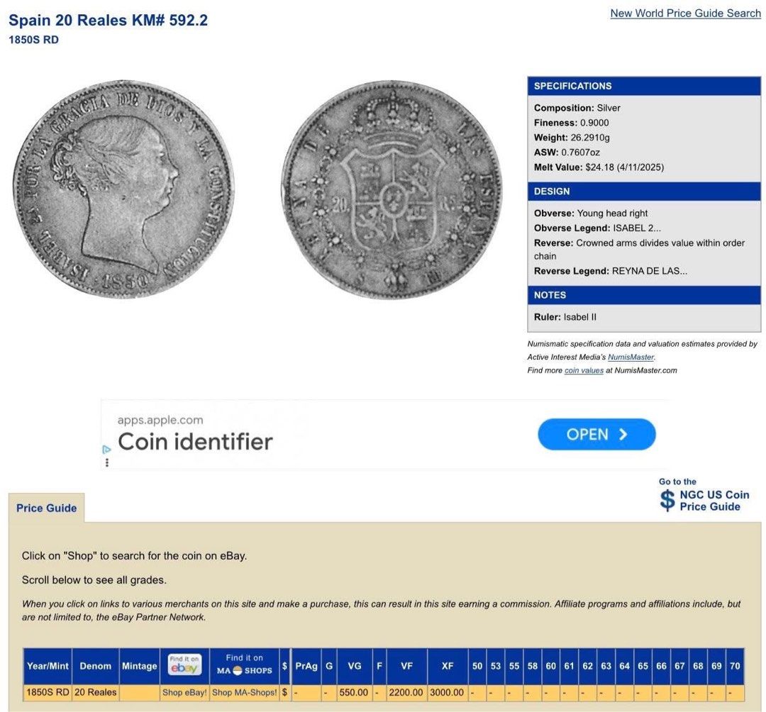 RARE 1850 20 Reales Isabel Silver (Category: Currency) located in Manila. Submitted by banene_poteto (Listing ID 1410203347, Image 3). Description: As is where is. Nice catalogue value for this coin. You can request more pictures. Pm if interested. .
