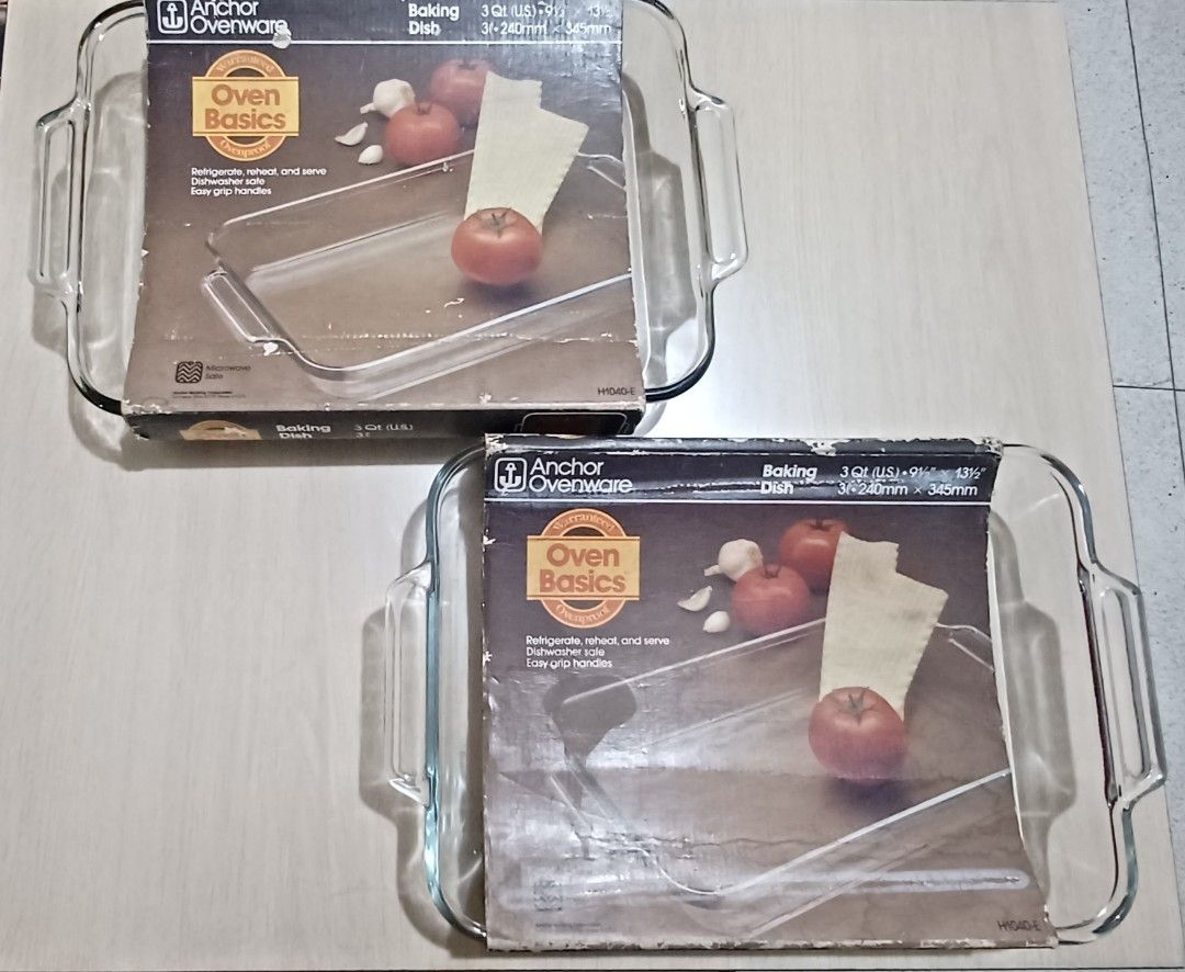 2 pcs. Anchor Hocking Oven Basics Baking Dish (Category: Bakeware) located in Quezon City. Submitted by wjmae (Listing ID 1410337588, Image 1). Description: - 2 pcs. Anchor Hocking Oven Basics Baking Dish - 3-quart (US) / 2.8L capacity - Dimensions: 343mm x 240mm x 50mm - Features easy-grip handles - Microwave safe - Comes with original box Dimensions: from handle to handle (horizontal) - 15.5 inches vertical - 10 inches height - 2.25 inches.