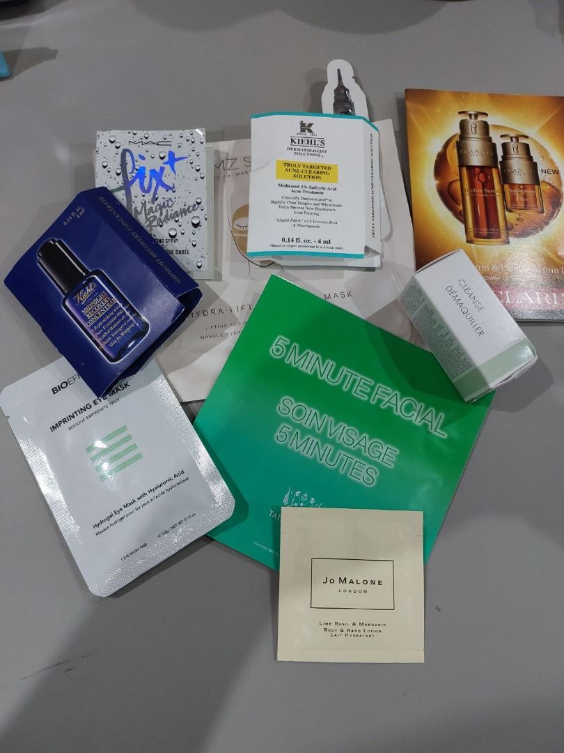 Assorted skin care samples set 1 (Category: Face Care) located in Marikina City. Submitted by tap-2-shoppe (Listing ID 1410262117, Image 1). Description: These are all in sample size provided by the brands and are marked "Not for Sale" on the packaging. However, you can purchase it here to try before committing to the full size. Included in this set are: Evelom cleanser MZ Skin gold face mask Clarins double serum & double eye sample Bioeffect eye