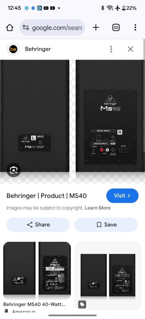 Behringer MS40 (Category: Soundbars, Speakers & Amplifiers) located in Taytay. Submitted by herbertdizon (Listing ID 1410332219, Image 2). Description: Behringer MS40 studio monitors. These are 24-Bit/192 kHz digital 40W stereo near field monitors. The images show the front and back of the speakers, including the inputs and controls. The speakers have a black finish. The model number is MS40..