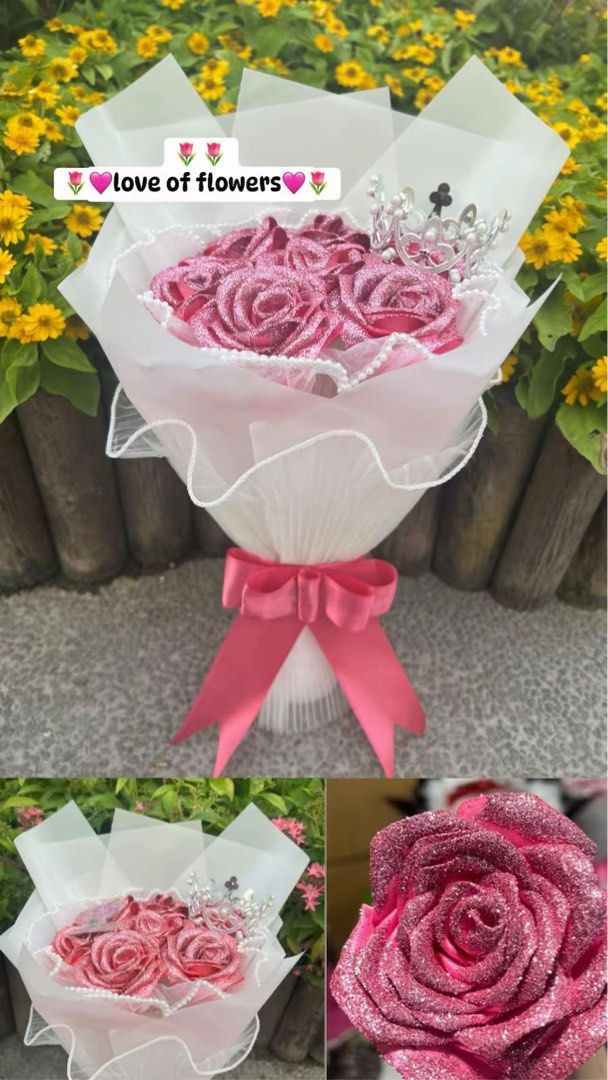 Bouquets (Category: Flowers & Bouquets) located in Singapore. Submitted by freshdroppicks (Listing ID 1410198166, Image 4). Description: 🌹✨ Sparkle with Love — Handcrafted Glitter Rose Bouquets Every delicate red and pink rose is painstakingly handcrafted and dusted with shimmering glitter, creating a timeless keepsake that captures your sweetest moments. 🎀 Choose your perfect bouquet in classic red or soft pink — made just for you! 📦 Free del