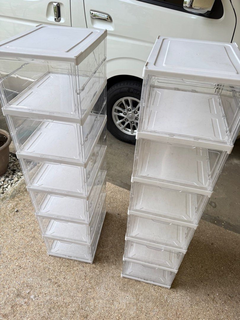 Clear Stackable Shoe Organizer (Category: Storage Boxes & Baskets) located in Quezon City. Submitted by buffsalmon (Listing ID 1410305327, Image 2). Description: The viral ones from TikTok Very sturdy No flaws Just dusty RFS: upgrading Bought for a total of 4k originally, selling for 2k for all .