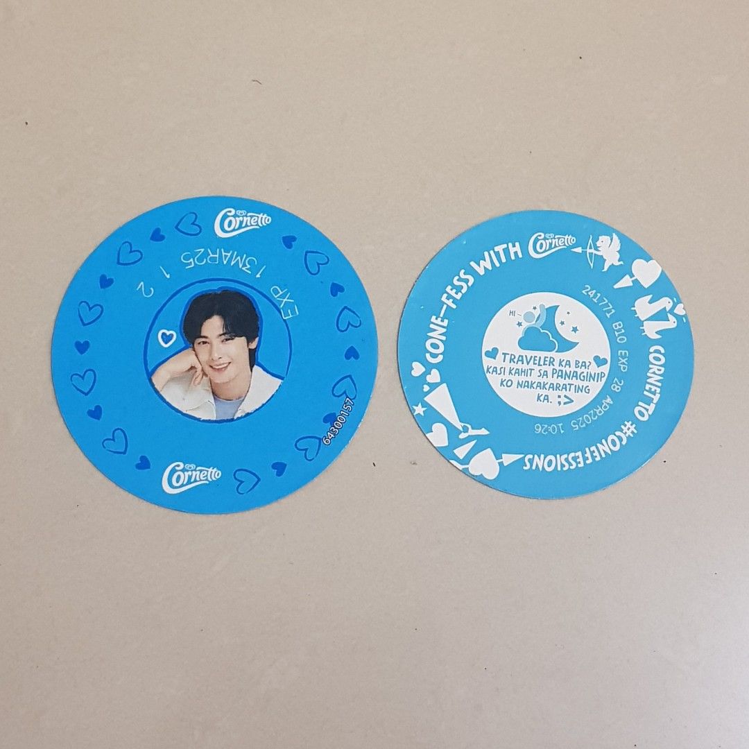 Cornetto Cha Eun Woo Lee Dong Min Confessions Coasters (Category: K-Wave Merchandise) located in Bulacan. Submitted by rarefreaks (Listing ID 1410348991, Image 1). Description: - As is. May have some scratches pr mark on paper due to storage - Cornetto Cha Eun Woo Special Edition Lid Only - Plus Cornetto Confessions Lid Spexial Edition.