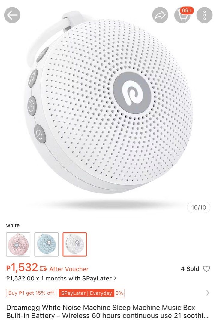 Dreamegg D11 MAX Portable Sound Machine (Category: Baby Monitors) located in Angeles City. Submitted by mystiquemayhem (Listing ID 1410208964, Image 3). Description: Dreamegg D11 MAX portable sound machine is designed for travel. It features a built-in battery and offers 60 hours of continuous use. It has multiple sound options and is wireless. The device is white and comes with a box..
