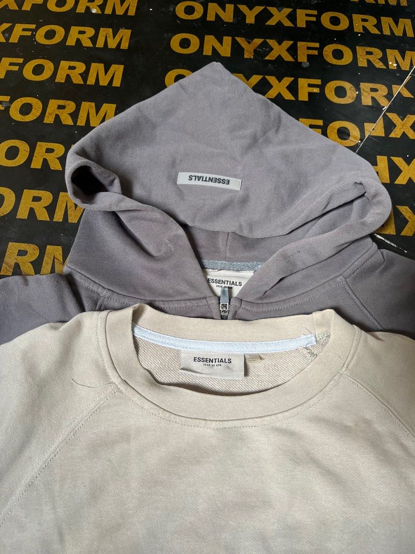 Essentials Aspack (Category: Coats, Jackets and Outerwear) located in Manila. Submitted by codearchivez (Listing ID 1410285921, Image 2). Description: ESSENTIALS ASPACK • Hoodie (XL) — Wala yung tali sa hood, not sure if ganyan talaga hehe • Crewneck (Boxy M-L) — Bleached stains and needs wash. .