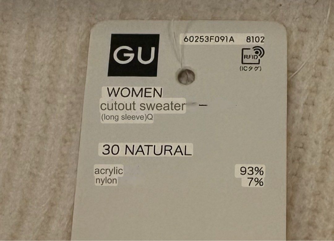 GU Cut Out Sweater Long Sleeve (Category: Longsleeves) located in Bulacan. Submitted by 3Coolitz (Listing ID 1410267203, Image 3). Description: - GU Women's sweater - Size: S - Color: Natural - Features: Cutout shoulder design, long sleeves - Material: Acrylic and nylon blend - Made in China.