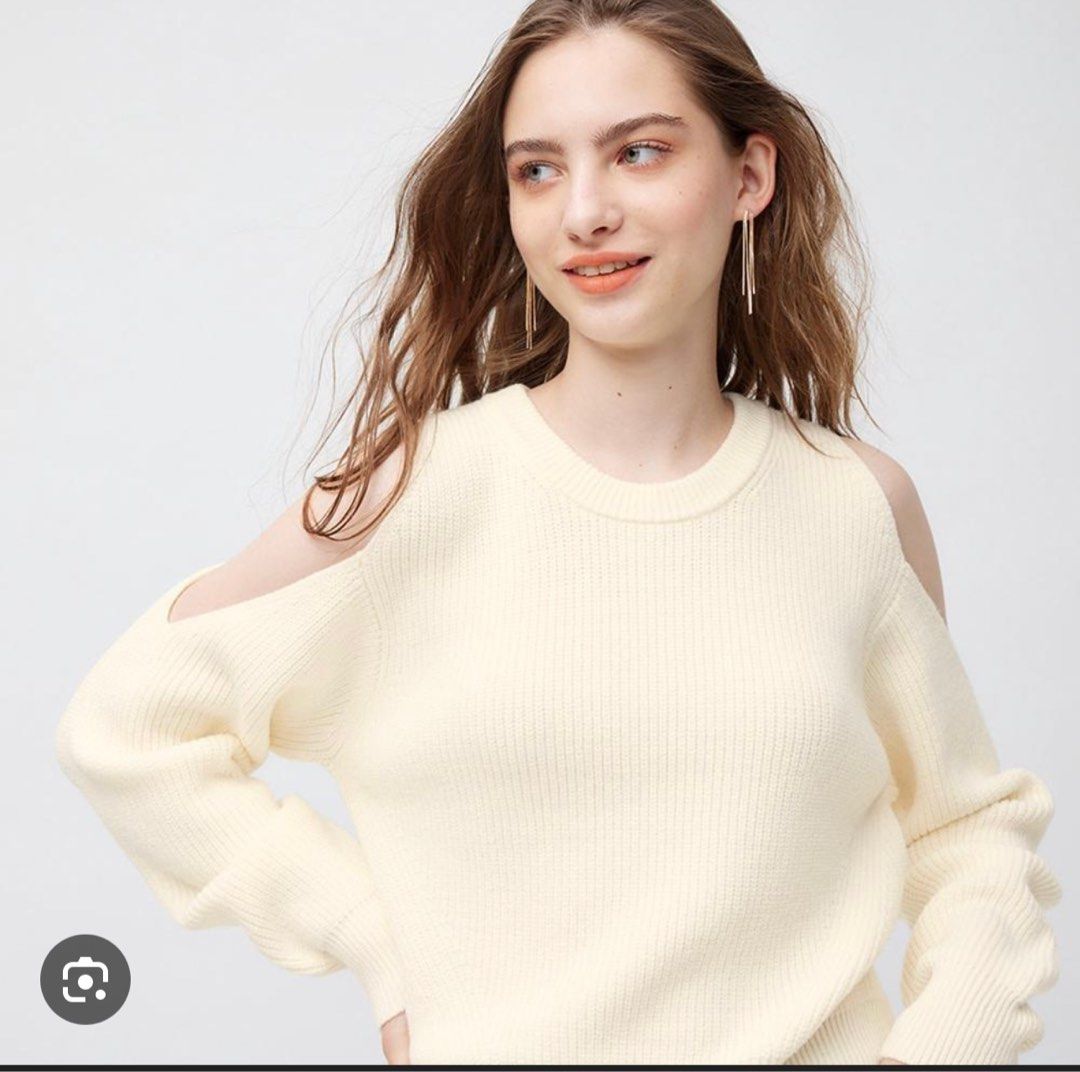 GU Cut Out Sweater Long Sleeve (Category: Longsleeves) located in Bulacan. Submitted by 3Coolitz (Listing ID 1410267203, Image 1). Description: - GU Women's sweater - Size: S - Color: Natural - Features: Cutout shoulder design, long sleeves - Material: Acrylic and nylon blend - Made in China.