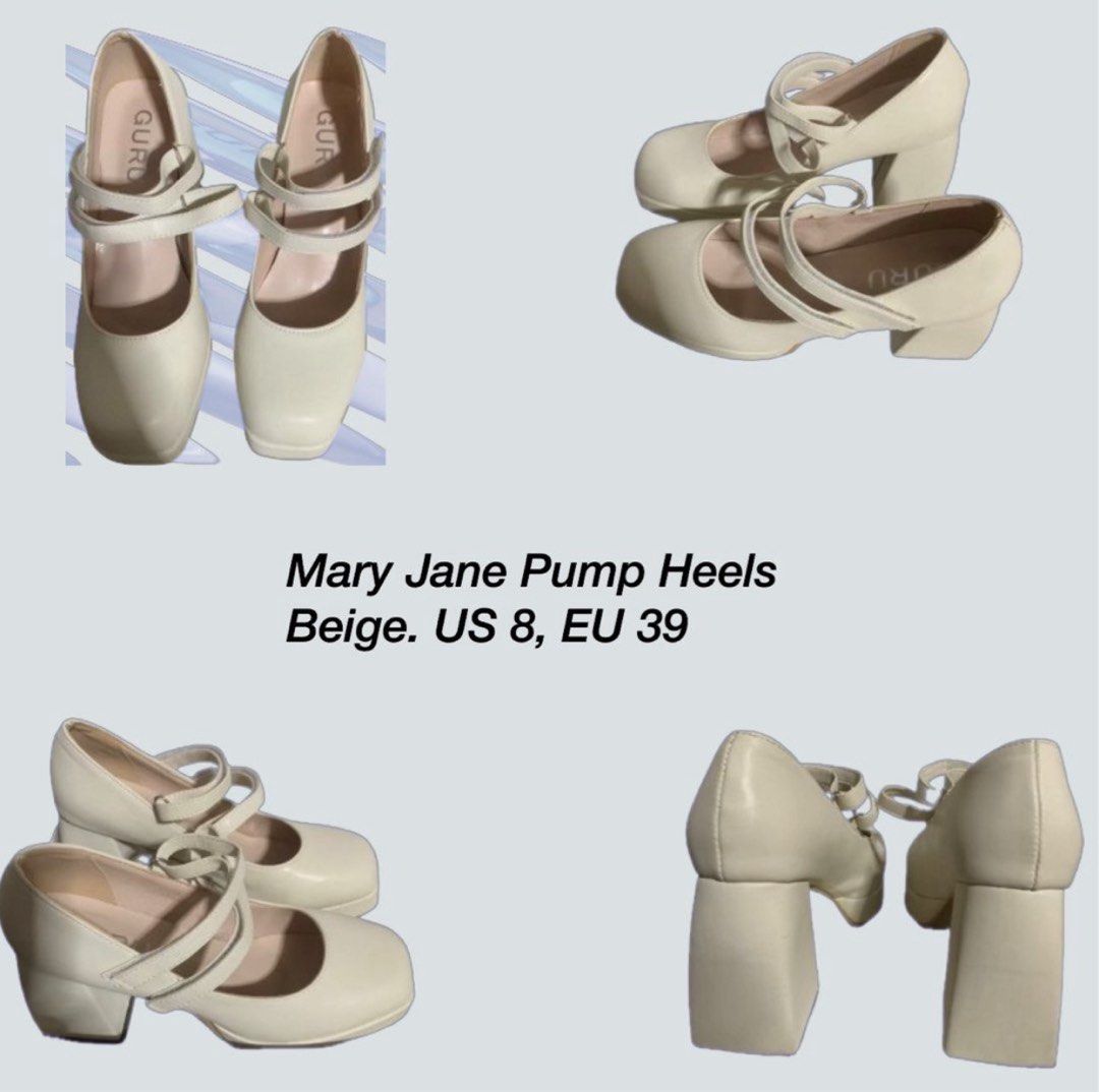 GURU Mary Jane Pump Heels - Beige (Category: Heels) located in Manila. Submitted by soleilstyle (Listing ID 1410214935, Image 1). Description: RFS: Too small for my feet The heels are 9cm high Light scratches on the shoes but they are not visible. Some stains can be removed by acetones. Still in good condition Includes: -shoes -box -leopard print insoles/cushion.