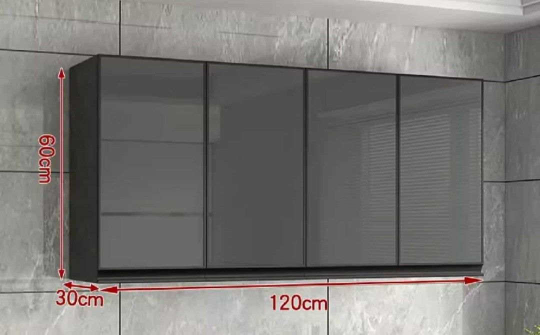 Hanging Cabinet Glass door (Category: Shelves, Cabinets & Racks) located in Manila. Submitted by nhi_nin (Listing ID 1410315998, Image 3). Description: Stylish wall-mounted kitchen cabinet with glass doors. Features multiple compartments for storage, including open shelving. Available in various sizes and colors. Dimensions vary: 120cm or 90cm wide, 60cm or 80cm high, and 30cm deep. Perfect for maximizing kitchen space and keeping items organized