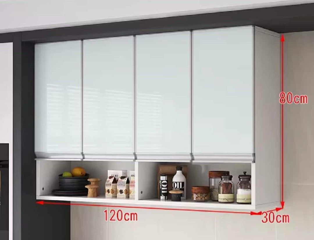 Hanging Cabinet Glass door (Category: Shelves, Cabinets & Racks) located in Manila. Submitted by nhi_nin (Listing ID 1410315998, Image 2). Description: Stylish wall-mounted kitchen cabinet with glass doors. Features multiple compartments for storage, including open shelving. Available in various sizes and colors. Dimensions vary: 120cm or 90cm wide, 60cm or 80cm high, and 30cm deep. Perfect for maximizing kitchen space and keeping items organized