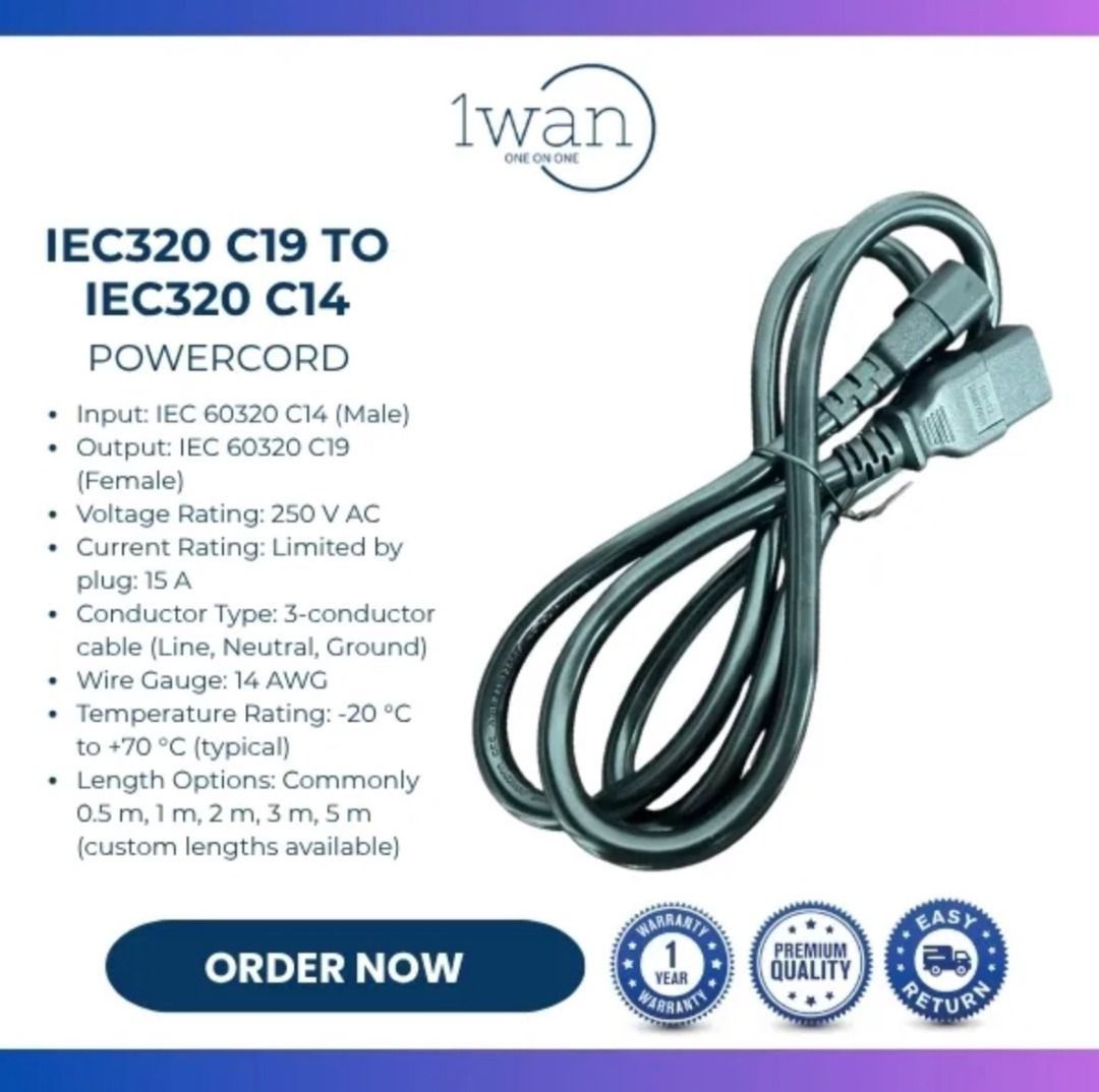 IEC320 C19 TO IEC320 C14 POWER CONNECTOR / CABLE (Category: Office & Business Technology) located in Makati City. Submitted by 1wanph (Listing ID 1410236326, Image 1). Description: Sale-VAT included! Delivery Fee not included. Original Price: Php 1,100 C19 to C14 Power Cord Connects Computers, Servers and Other Network Devices. This C14 to C19 cable is designed for small data center or office workstation applications that do not require a heavy g