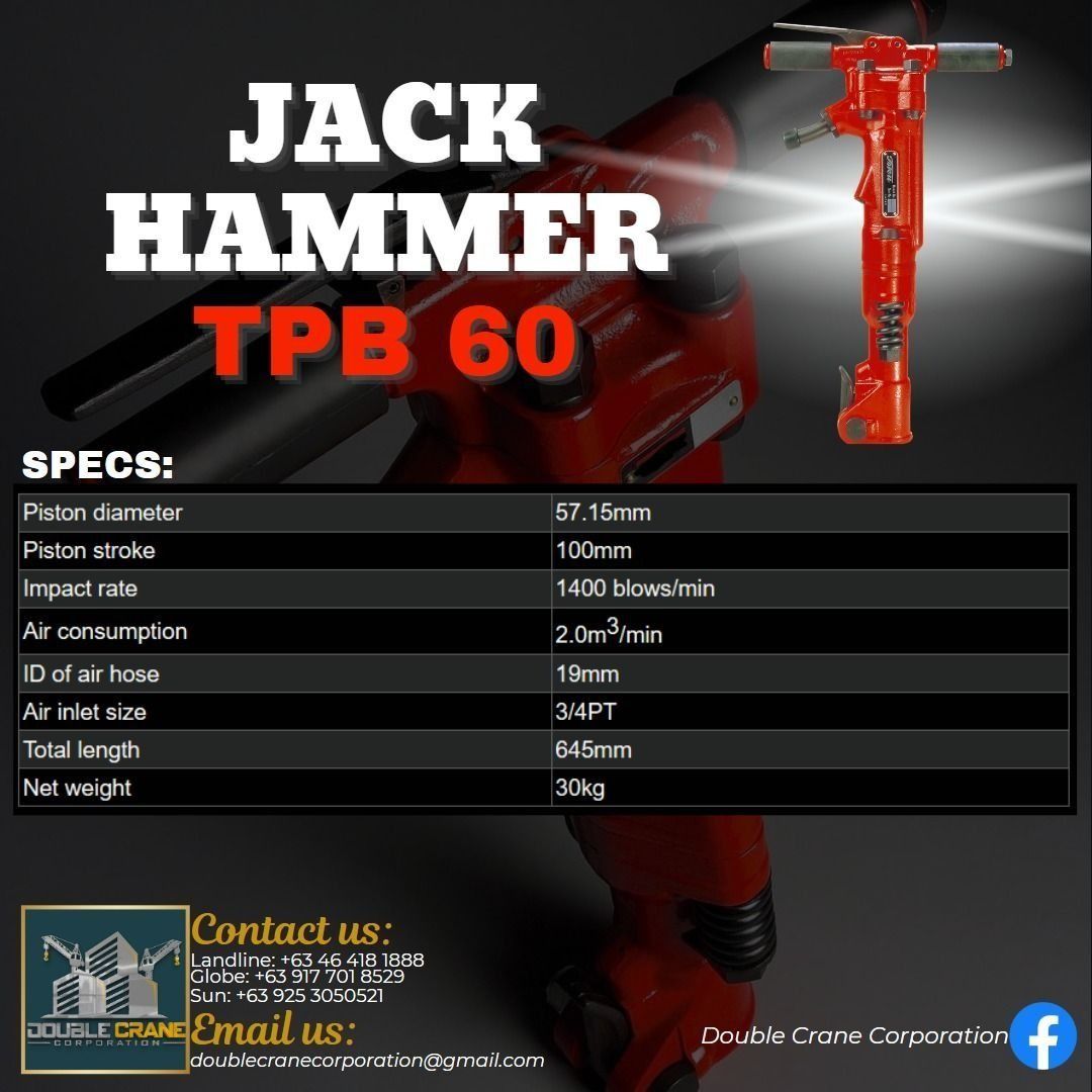 Jack hammer 60 lbs TPB 60 (Category: Construction Tools & Equipment) located in Imus. Submitted by double.crane_98 (Listing ID 1410213039, Image 1). Description: Brand: TOKU Pneumatic Jackhammer Model: TPB 60 Many Stocks Available Capacity: 60 lbs pavement breaker with 1 pc moil point For complete air accessories, plus Php 25,000 + 10 and 5 meters ¾ " air hose (Europe brand) + Chicago couplers and fittings + One (1) pc heavy-duty steel oiler + 1 