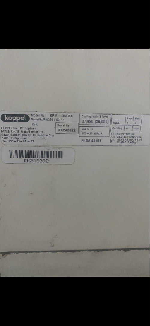 Koppel Floor Standing Air Conditioner KFM-36E0A (Category: Air Conditioning and Heating) located in Cainta. Submitted by jhesika (Listing ID 1410346068, Image 2). Description: Selling a Koppel KFM-36E0A floor-mounted split-type air conditioner, still working well and cooling properly. Ideal for commercial and large spaces. SPECS: •36,000 BTU / 3.0 TR cooling capacity • Heavy-duty, commercial-grade unit • R22 refrigerant • Power: 208–230V / 60Hz /