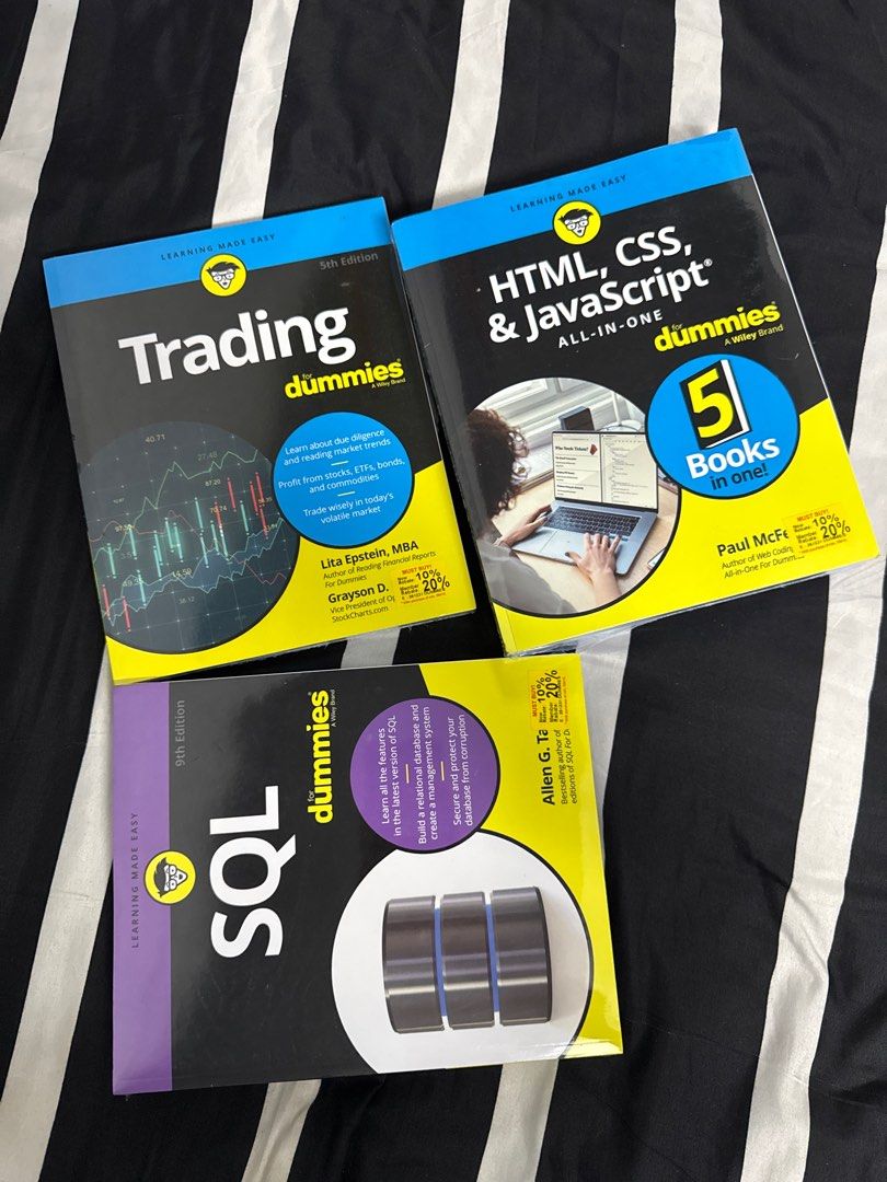 [NEW][SEALED] Trading, HTML/CSS/JavaScript, SQL - Dummies Books (Category: Textbooks) located in Kuala Lumpur. Submitted by ombakslatan (Listing ID 1410266459, Image 1). Description: SQL & TRADING SOLD HTML AVAILABLE Harga sebenar boleh refer pic COD KL/PJ/N9 Postage available Nego till letgo.