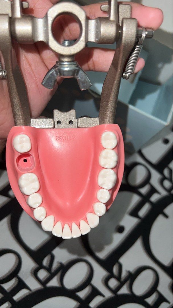 Trimunt Articulator (Category: Medical Supplies & Tools) located in Rodriguez. Submitted by dyancc (Listing ID 1410218302, Image 3). Description: - Dental model with upper and lower teeth arches - Features a pink gum base - Mounted on a sturdy metal stand - Perfect for educational purposes or demonstrations.