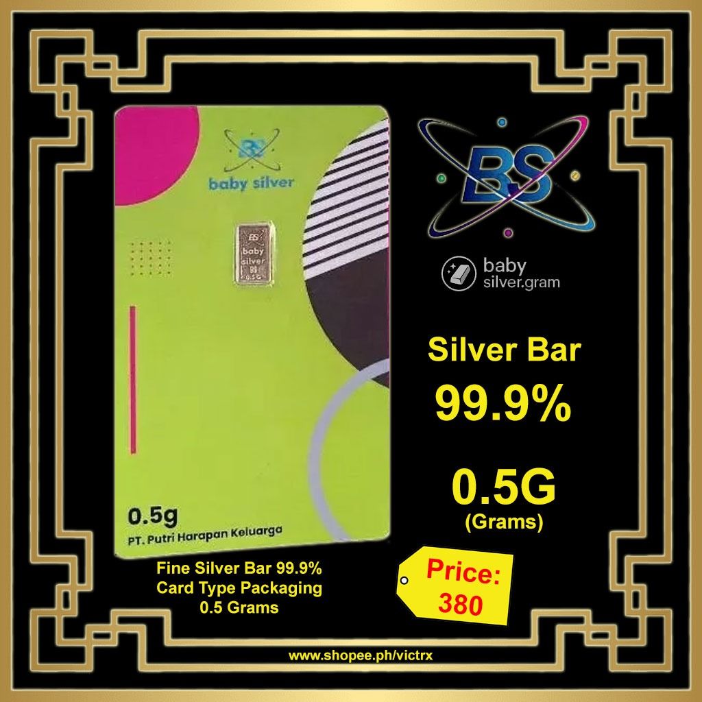Baby Silver 0.5g Fine Silver Bar (Category: Currency) located in Quezon City. Submitted by victr2 (Listing ID 1410436852, Image 1). Description: Baby Silver 0.5g fine silver bar. 99.9% purity. Comes in card type packaging. Official dealer and distributor. Includes certificate of assay. Buyback guaranteed. Price is 380 PHP. Made in Indonesia..
