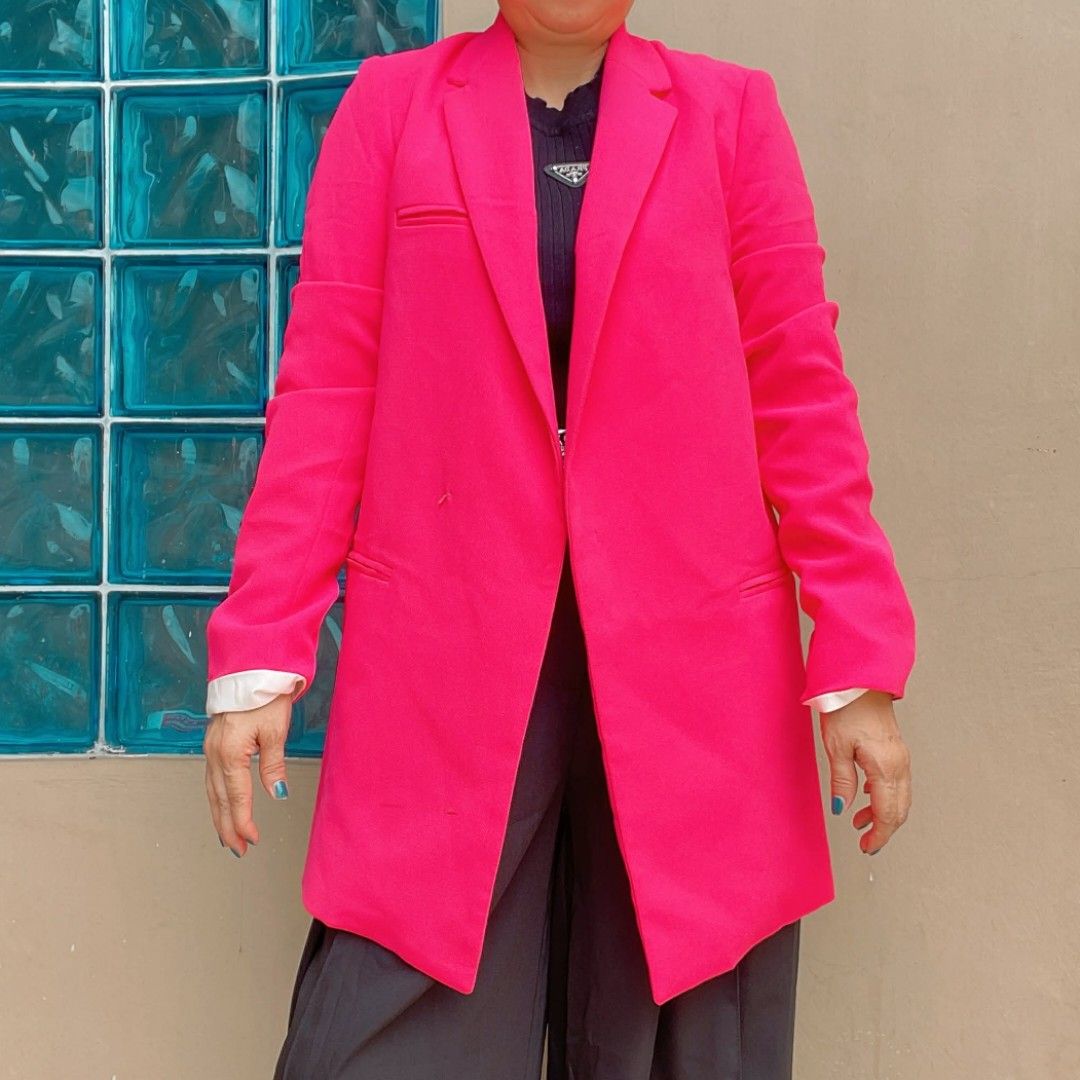 Bright Pink Long Blazer (Category: Coats, Jackets and Outerwear) located in Bulacan. Submitted by fenph2021 (Listing ID 1410387967, Image 3). Description: - Bright pink blazer - Classic lapel design - Two front pockets - Long sleeves fits small -large last price posted add 54 SF - Tailored fit - Adds a pop of color to any outfit.