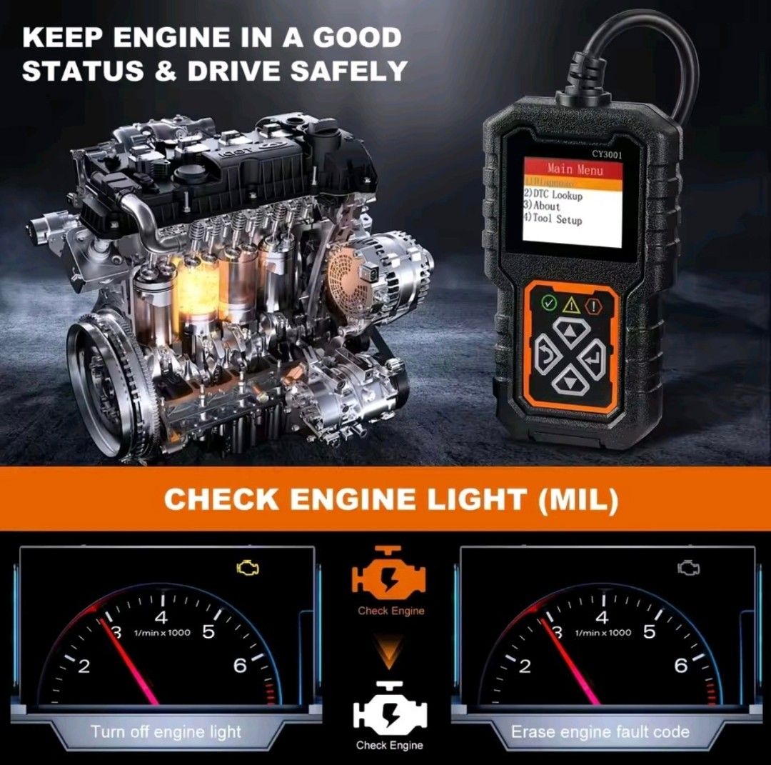 Car OBD2 Code Scanner Diagnostic Scanner Code Reader Erase Engine Fault Code Read Code Erase Code Battery Test Engine Light Can (Category: Tools & Equipment) located in Singapore. Submitted by incommtechsg (Listing ID 1410543333, Image 3). Description: An OBD2 Code Scanner is a handheld device that plugs into your car's diagnostic port to read, interpret, and clear engine fault codes (DTCs) that trigger the Check Engine Light, helping you identif
