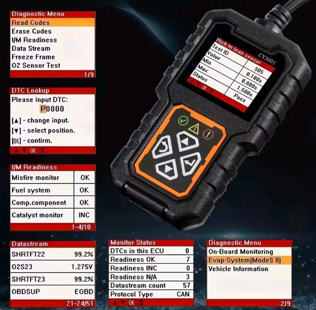 Car OBD2 Code Scanner Diagnostic Scanner Code Reader Erase Engine Fault Code Read Code Erase Code Battery Test Engine Light Can (Category: Tools & Equipment) located in Singapore. Submitted by incommtechsg (Listing ID 1410543333, Image 2). Description: An OBD2 Code Scanner is a handheld device that plugs into your car's diagnostic port to read, interpret, and clear engine fault codes (DTCs) that trigger the Check Engine Light, helping you identif