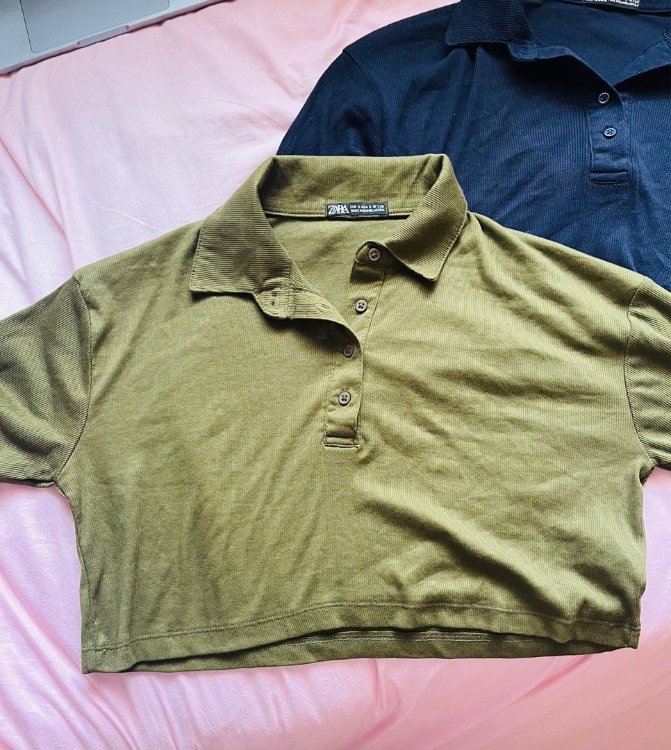 Cropped Polo Shirt (Category: Shirts) located in Rizal. Submitted by bubbles_1313 (Listing ID 1410460633, Image 2). Description: rfs: DECLUTTERING!! - BUNDLE cropped polo shirts - Colors: Olive green & Navy blue - Size: S - Features: Collared neckline, button-down front.