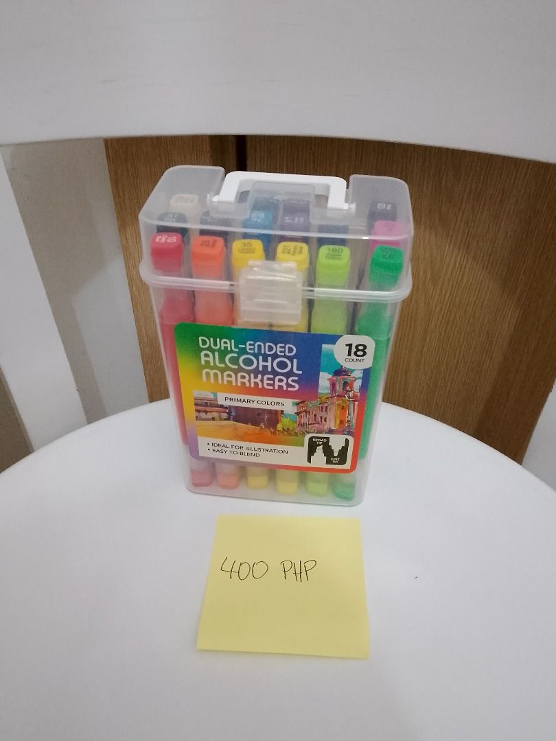 Dual-Ended Alcohol Markers 18 Count (Category: Craft Supplies & Tools) located in Taguig. Submitted by sberalo83 (Listing ID 1410429275, Image 1). Description: - 18 dual-ended alcohol markers - Primary colors - Clear plastic case with handle - Ideal for illustration - Easy to blend - Price: 400 PHP.