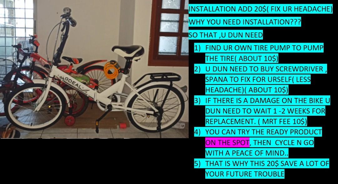 Foldable bicycle (Category: Bicycles) located in Singapore. Submitted by bccat (Listing ID 1410176513, Image 9). Description: Foldable bicycle cheapest in the market Wheel size 20 inch Bike Frame Size 20 inch Max weight 80kg Colour white Comes with bell Comes with backseat Comes with side kick stand Chat for more info 🚚 Merry Christmas! 🎄 🎁 .