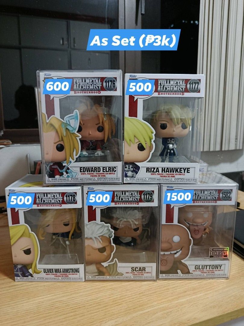 Fullmetal Alchemist Funko Pop Set (Category: Figurines & Statues) located in Quezon City. Submitted by captureme21 (Listing ID 1410412936, Image 2). Description: Set of Fullmetal Alchemist Funko Pop figures Includes: King Bradley, Lust, Edward Elric, Alphonse Elric, Roy Mustang, Riza Hawkeye, Oliver Mira Armstrong, Scar, and Gluttony. All figures are in their original boxes Selling as a complete set or as individuals. Payment first and shipping w