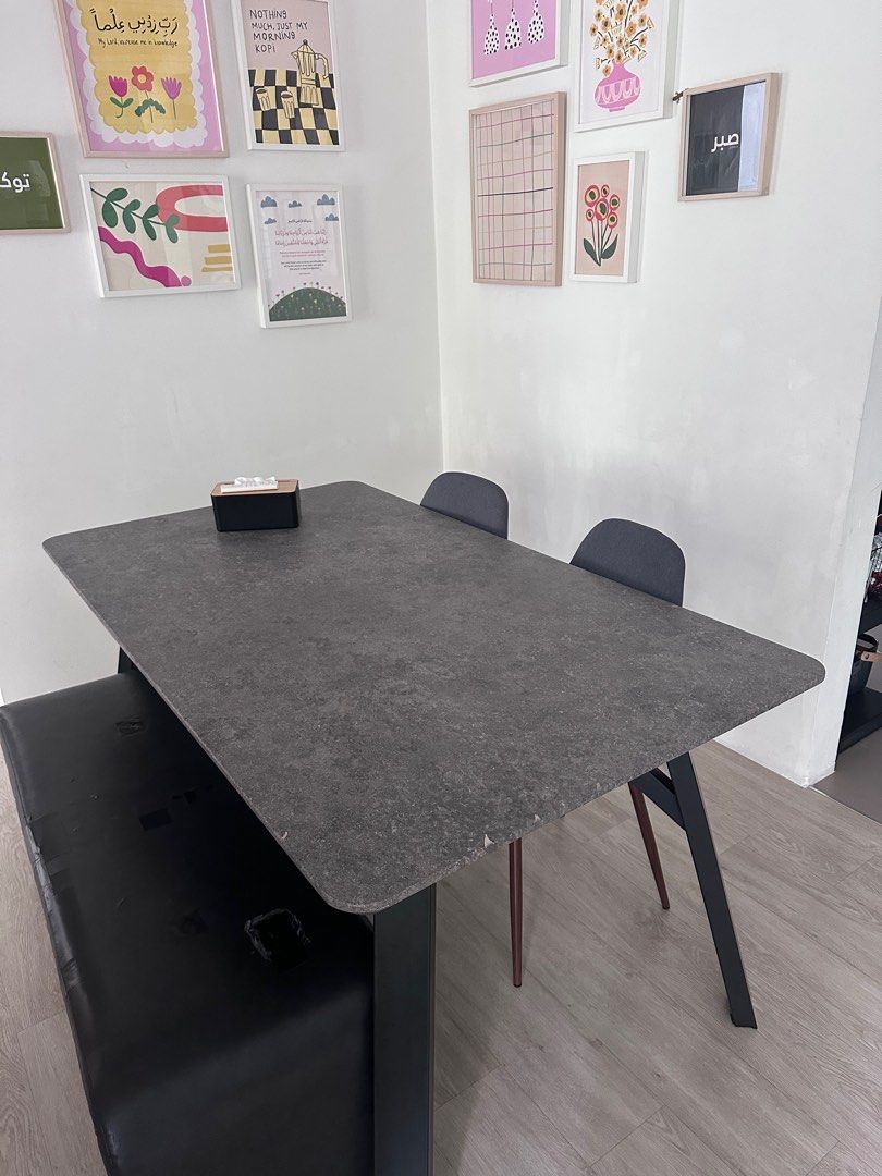 Grey Rectangle Dining Table (Category: Tables & Sets) located in Singapore. Submitted by zolsky (Listing ID 1410399322, Image 1). Description: Self-collection at Senja Close Super sturdy table legs Dimension: 160cm (L) x 90cm (W) x 76cm (H) Some chips on table, not for fussy buyers Muslim household .