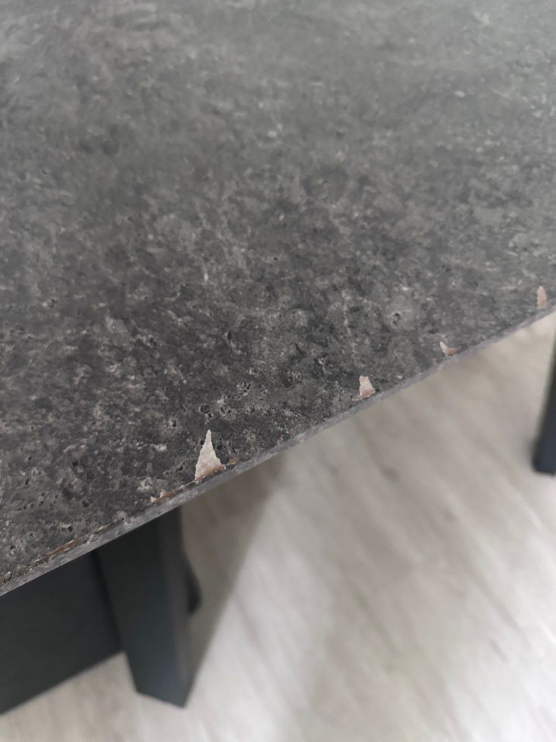 Grey Rectangle Dining Table (Category: Tables & Sets) located in Singapore. Submitted by zolsky (Listing ID 1410399322, Image 2). Description: Self-collection at Senja Close Super sturdy table legs Dimension: 160cm (L) x 90cm (W) x 76cm (H) Some chips on table, not for fussy buyers Muslim household .