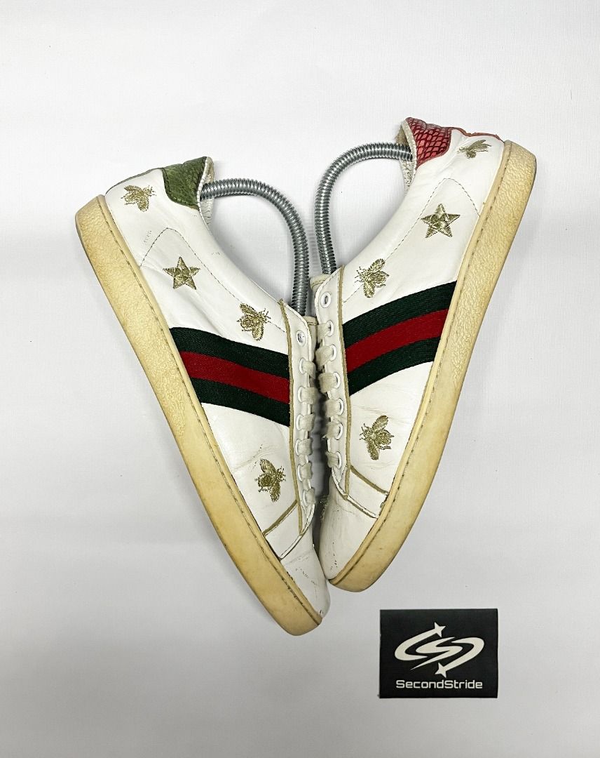 GUCCI Ace (Category: Sneakers & Footwear) located in Manila. Submitted by 2ndstride (Listing ID 1410390476, Image 1). Description: - Gucci Ace sneakers - Signature green and red stripe detailing - Features bee and star embroidery - Leather upper - Rubber sole - Green and red heel tabs.