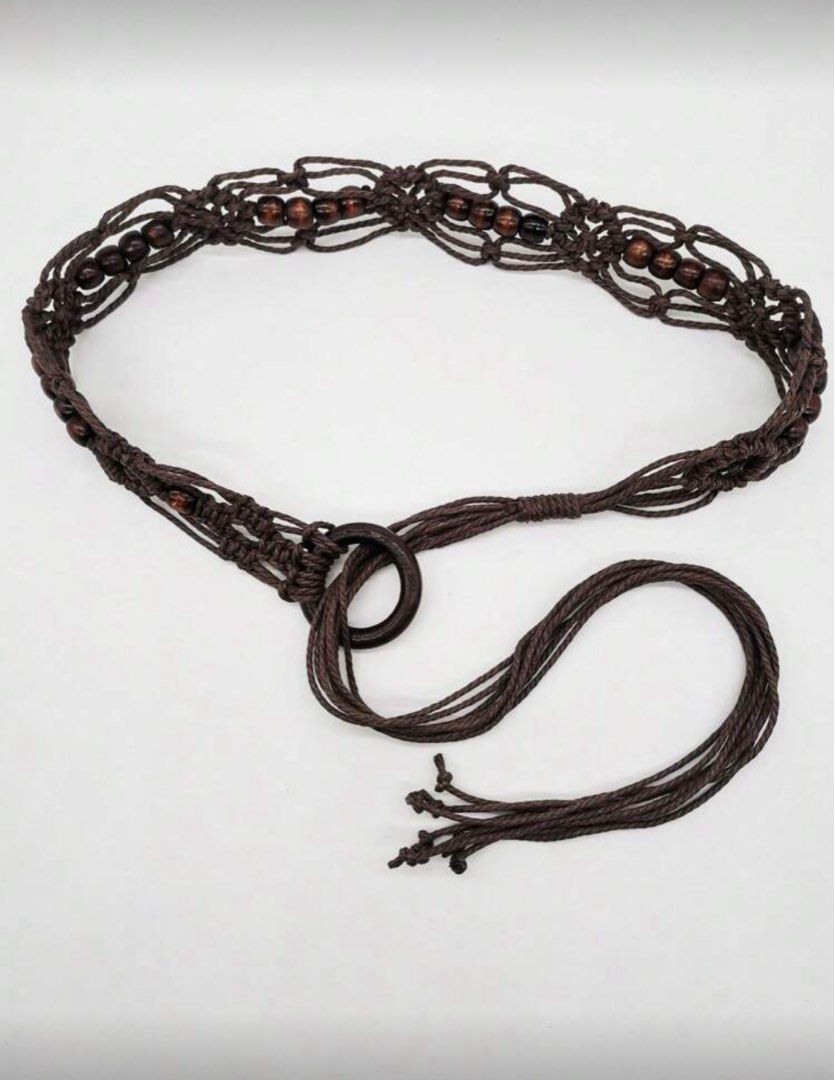 Macrame Belt with Wooden Beads (Category: Belts) located in Taguig. Submitted by r.everie (Listing ID 1410542236, Image 1). Description: Macrame belt with wooden beads, circular buckle, and tassels. Dark brown, handmade, and perfect for adding a bohemian touch to your outfits..