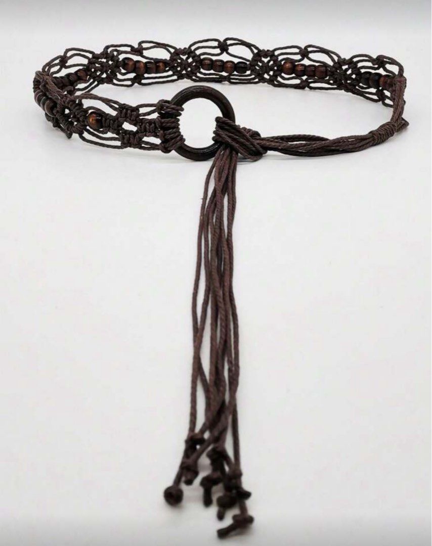 Macrame Belt with Wooden Beads (Category: Belts) located in Taguig. Submitted by r.everie (Listing ID 1410542236, Image 2). Description: Macrame belt with wooden beads, circular buckle, and tassels. Dark brown, handmade, and perfect for adding a bohemian touch to your outfits..
