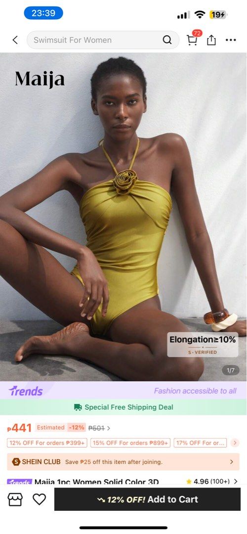 Maija Women's Solid Color Swimsuit (Category: Bikinis & Swimsuits) located in Caloocan City. Submitted by kzoneee (Listing ID 1410371666, Image 1). Description: Not used, still has hygiene sticker. RFS: I ordered too much swimsuit and there is no refund in shein.