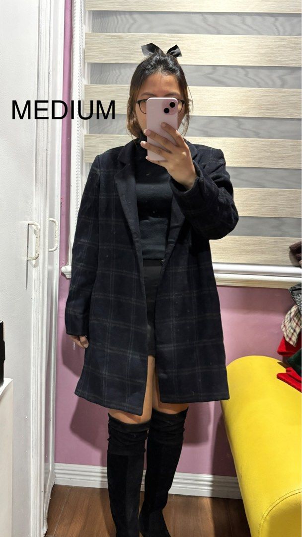 Plaid Coat - Medium (Category: Coats, Jackets and Outerwear) located in Binan City. Submitted by coat_inthemiddle (Listing ID 1410503016, Image 1). Description: - Medium size - Plaid pattern - Notched lapel - Single-button closure - Knee-length - Long sleeves - Woven fabric - Perfect for layering.