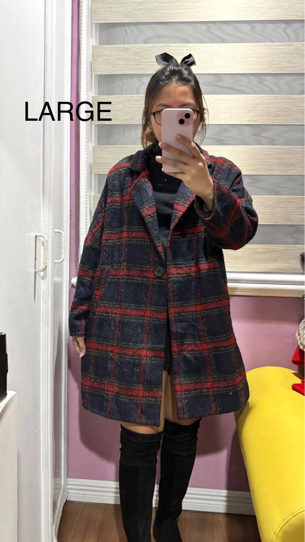 Red blue Plaid Coat - Large (Category: Coats, Jackets and Outerwear) located in Binan City. Submitted by coat_inthemiddle (Listing ID 1410503708, Image 1). Description: - Classic navy and red plaid pattern - Single-button closure - Collared neckline - Size: Large - Perfect for cooler weather.