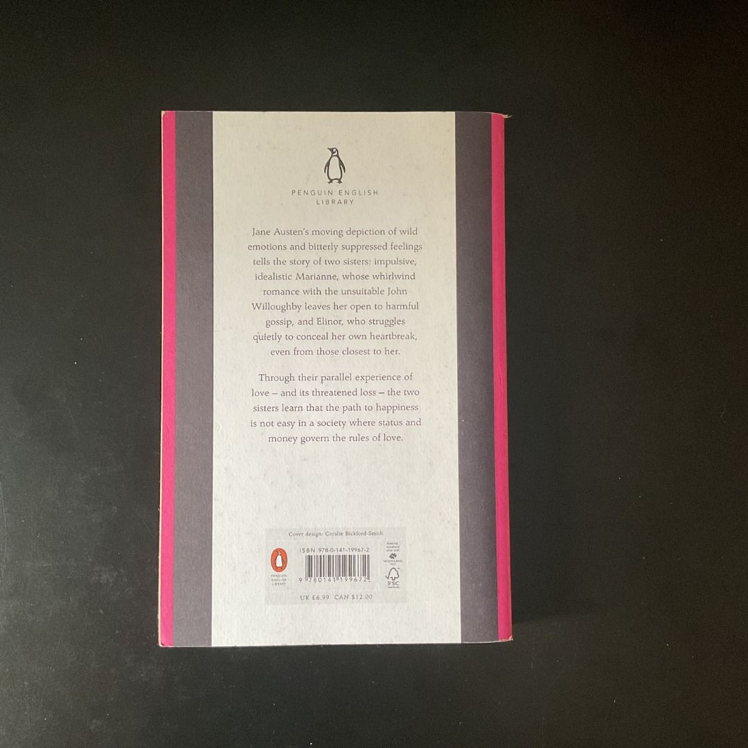 Sense and Sensibility by Jane Austen (Category: Storybooks) located in Mandaluyong City. Submitted by ynomaki (Listing ID 1410388337, Image 2). Description: Copy of Jane Austen's classic novel, "Sense and Sensibility." Published by Penguin English Library. The book features a decorative cover with a floral pattern in pink and gray. The back cover includes a brief summary of the story. The spine is visible, and the pages appear to be intact..