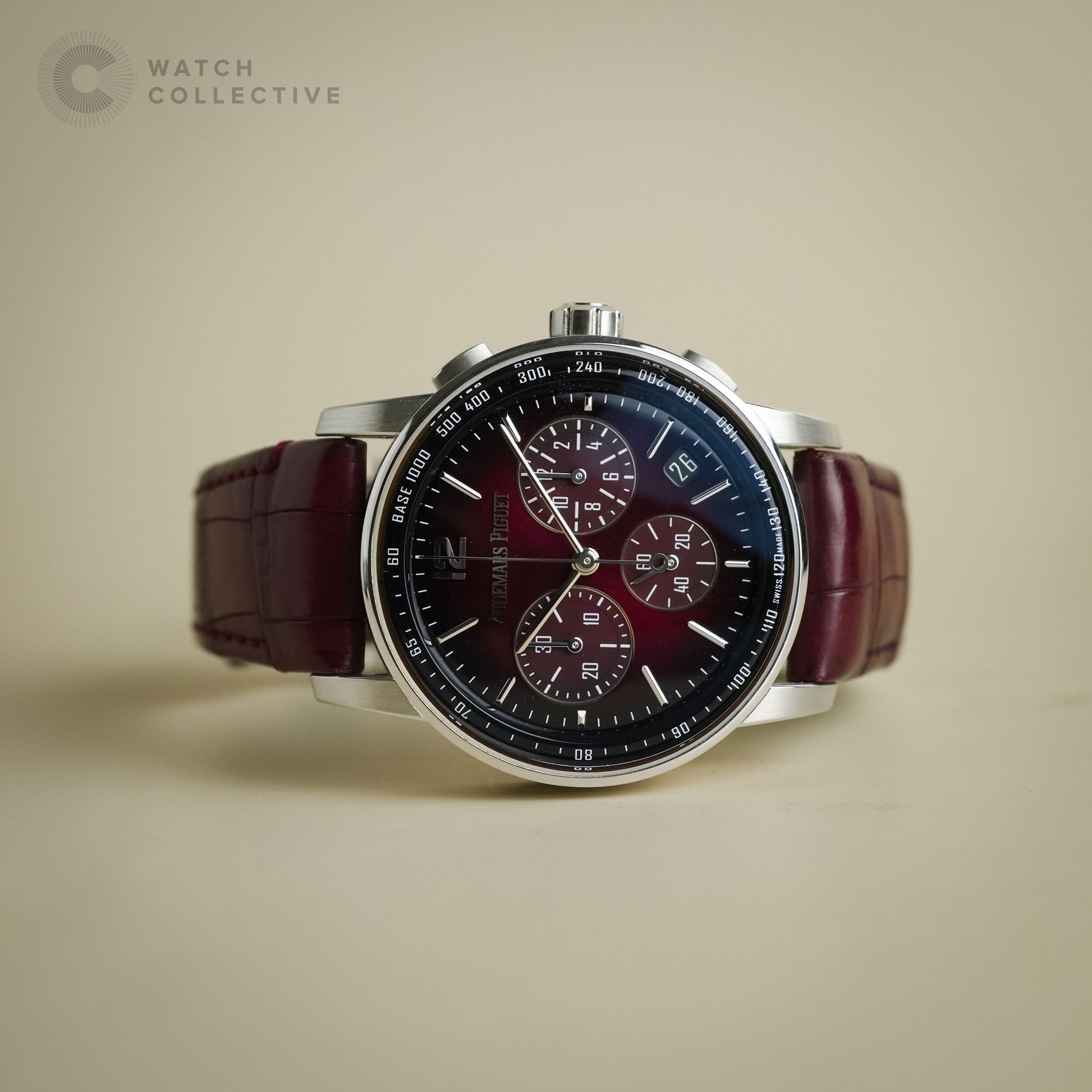 SET 2️⃣0️⃣2️⃣1️⃣ Audemars Piguet Code 11.59 Chronograph Burgundy Dial 41mm automatic 26393BC (Category: Watches) located in Singapore. Submitted by watchcollective (Listing ID 1410462040, Image 2). Description: Audemars Piguet Code 11.59 Chronograph Burgundy Dial 41mm automatic Reference Number: 26393BC.OO.A068CR.01 Condition: Lightly Used Comes with: Complete Set Size: 41mm Case Material: 18K White Gold Strap Material: Leather Strap Dated: July 