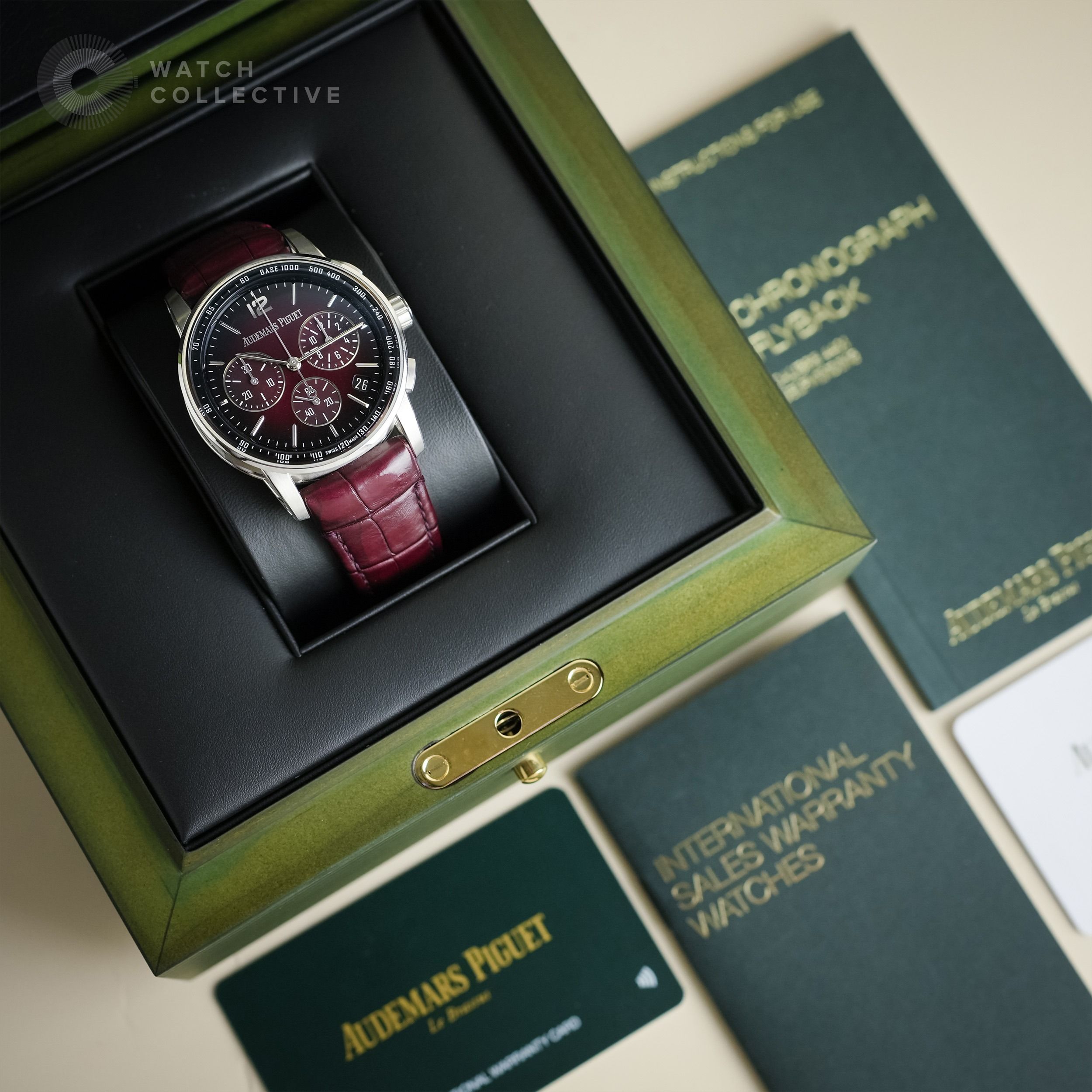 SET 2️⃣0️⃣2️⃣1️⃣ Audemars Piguet Code 11.59 Chronograph Burgundy Dial 41mm automatic 26393BC (Category: Watches) located in Singapore. Submitted by watchcollective (Listing ID 1410462040, Image 1). Description: Audemars Piguet Code 11.59 Chronograph Burgundy Dial 41mm automatic Reference Number: 26393BC.OO.A068CR.01 Condition: Lightly Used Comes with: Complete Set Size: 41mm Case Material: 18K White Gold Strap Material: Leather Strap Dated: July 