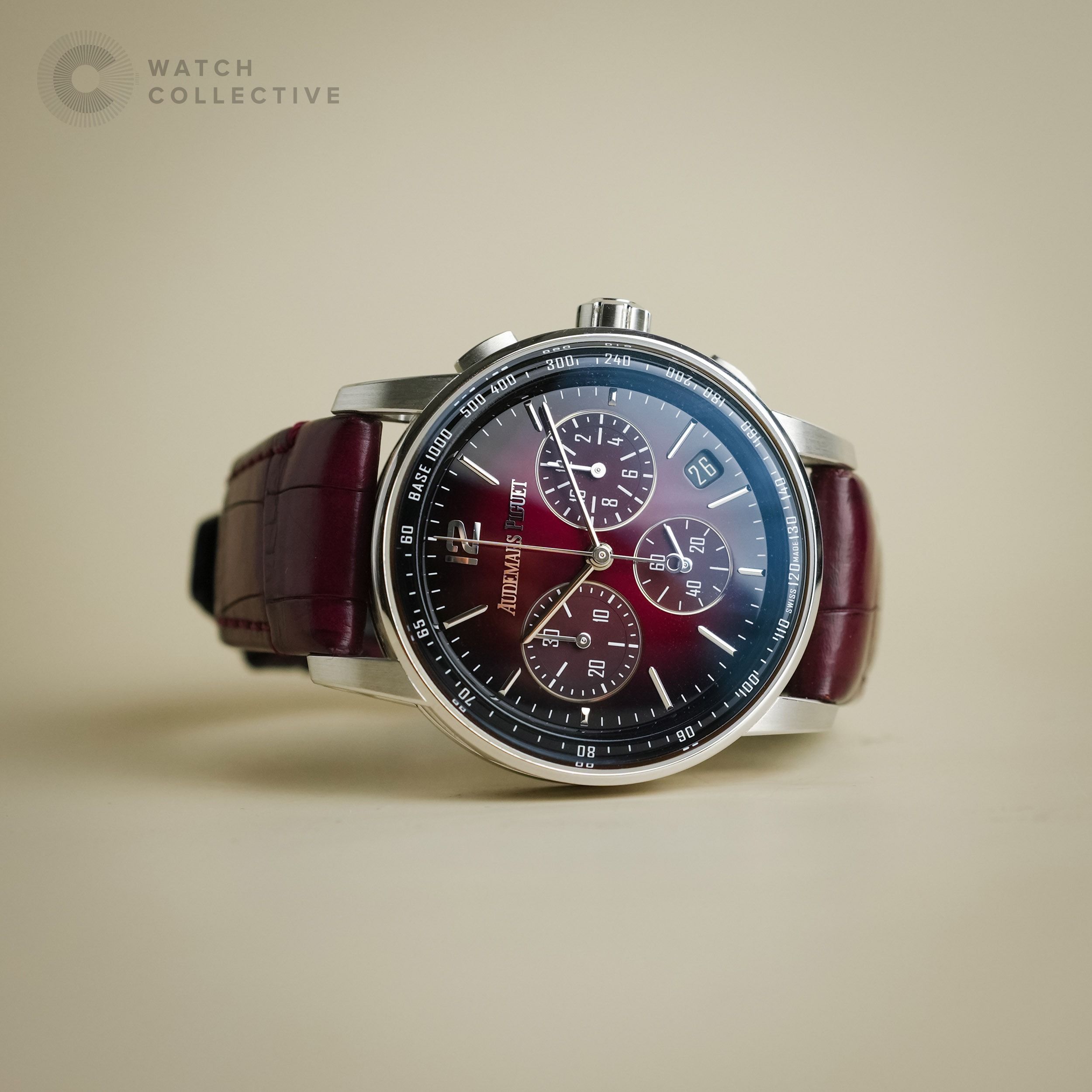 SET 2️⃣0️⃣2️⃣1️⃣ Audemars Piguet Code 11.59 Chronograph Burgundy Dial 41mm automatic 26393BC (Category: Watches) located in Singapore. Submitted by watchcollective (Listing ID 1410462040, Image 3). Description: Audemars Piguet Code 11.59 Chronograph Burgundy Dial 41mm automatic Reference Number: 26393BC.OO.A068CR.01 Condition: Lightly Used Comes with: Complete Set Size: 41mm Case Material: 18K White Gold Strap Material: Leather Strap Dated: July 