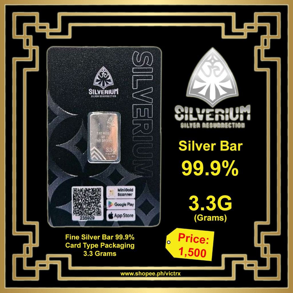 Silverium Silver Bar 99.9% 3.3g (Category: Currency) located in Quezon City. Submitted by victr2 (Listing ID 1410436090, Image 1). Description: Silverium999.9% purity silver bar 3.3 Grams Content: 999.9% Production PT. SDGM (MiniGold) with a modern design that is nice to look at, easy to store. Suitable for collection, long investment. It's time to harvest silver, let's buy it before the price goes up Available 3.3 Grams All the silver we sell is