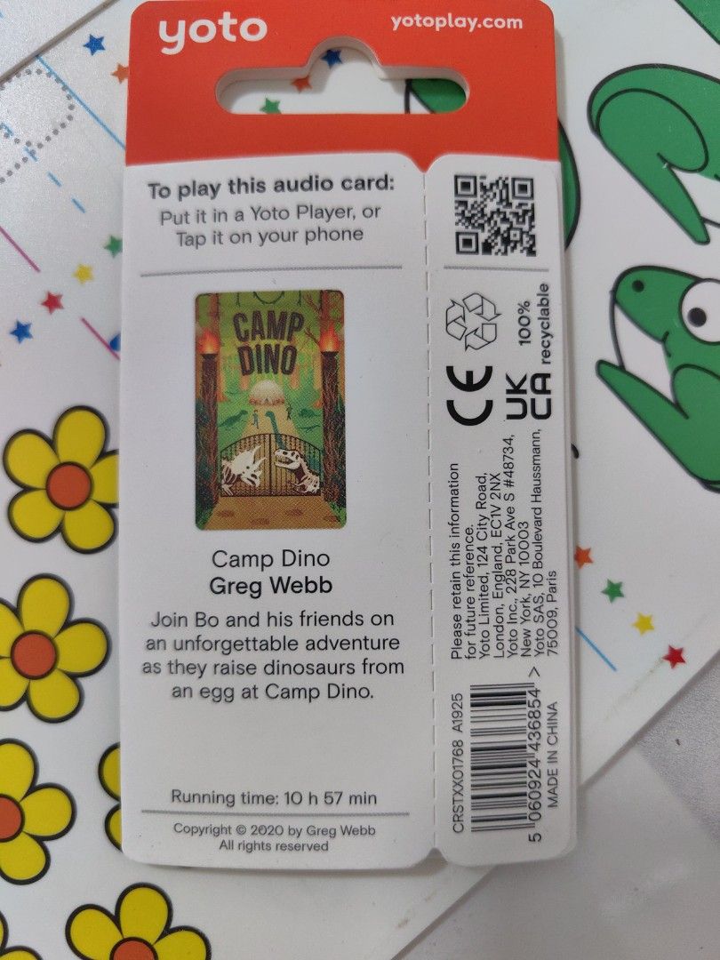 Yoto Camp Dino Audio Card (Category: Children's Books) located in Zamboanga. Submitted by momglp (Listing ID 1410401068, Image 2). Description: New and unopened. Yoto audio card for Camp Dino. It features an adventure with Bo and his friends on an unforgettable adventure as they raise dinosaurs from an egg at Camp Dino. The running time is 10 hours and 57 minutes. It is suitable for ages 5+..