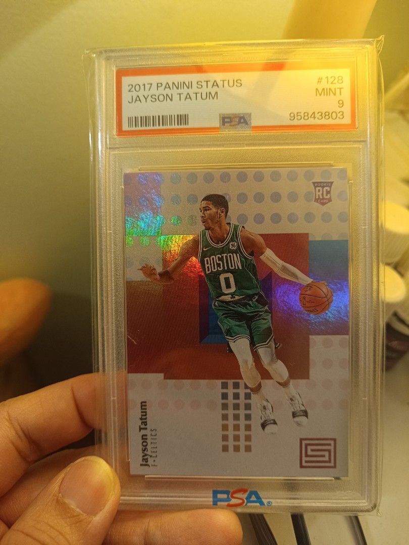 2017 Panini Status Jayson Tatum RC #120 (Category: Graded Singles) located in San Juan City. Submitted by acacos (Listing ID 1410580350, Image 1). Description: - 2017 Panini Status Jayson Tatum rookie card - Graded by PSA: MINT 9 - Features Jayson Tatum in Boston Celtics uniform - Card number: #120 - Encased in a protective holder.