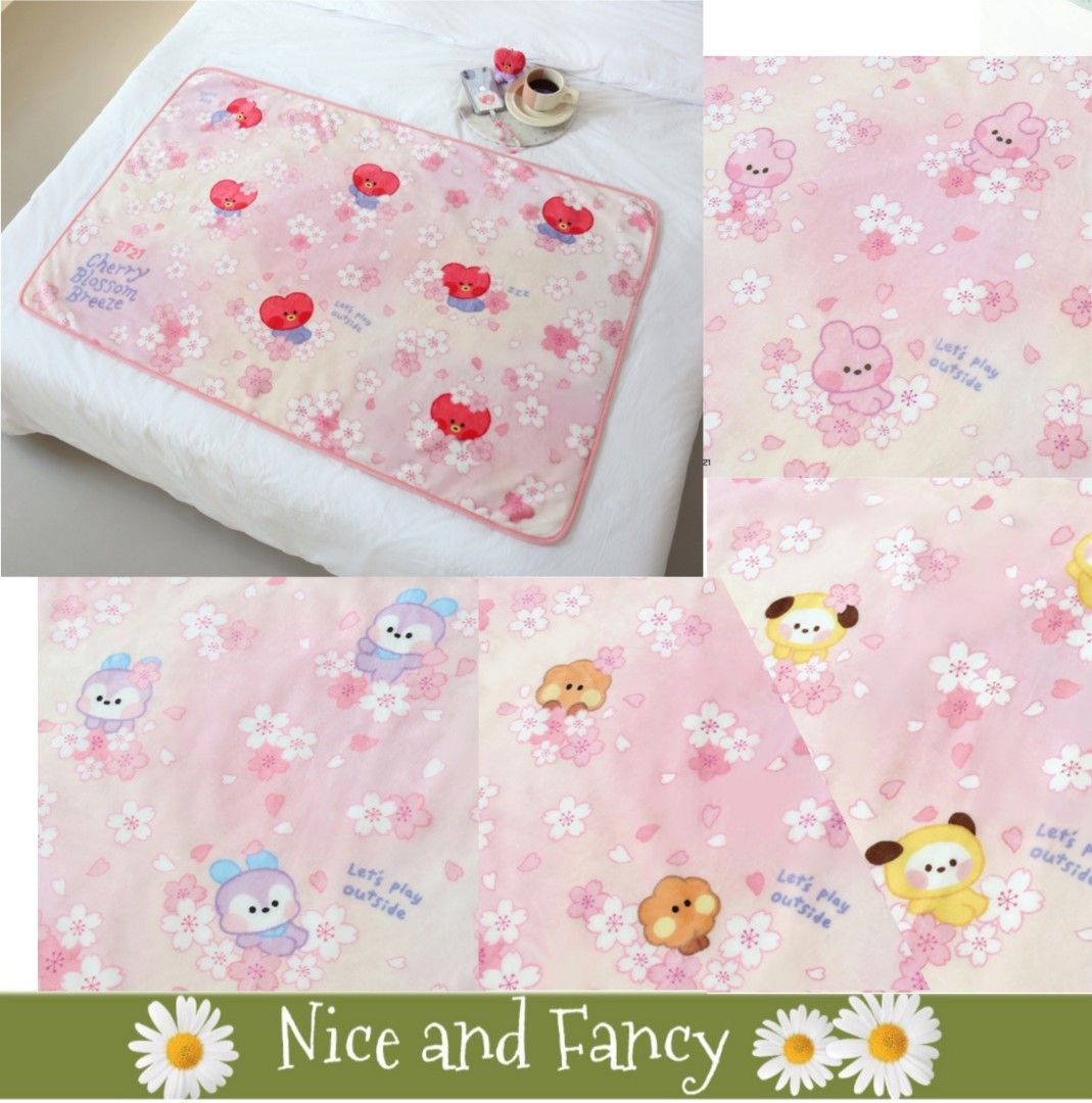 BT21 Cherry Blossom Blanket (Category: Bedding & Towels) located in Quezon City. Submitted by niceandfancy (Listing ID 1410552826, Image 1). Description: size: 80 x 120 cm material: polyester.