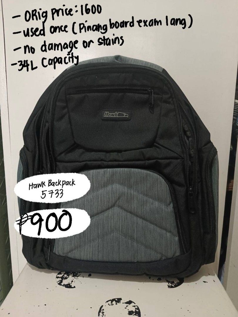 Hawk Backpack 5733 (34L Capacity) (Category: Backpacks) located in Paombong. Submitted by marydle (Listing ID 1410588409, Image 1). Description: Hello selling my pre-loved items RFS: Decluttering LOC: Paombong and Malolos, Bulacan MOP: Gcash (Payment first policy) MOD: J&T/ Lalamove around Bulacan only (SF will be shouldered by the buyer) PM for more photos/videos.