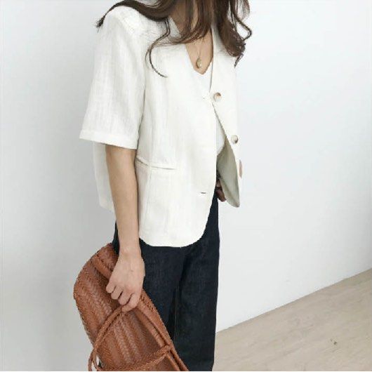 Ivory White Short Sleeve Blazer (Category: Coats, Jackets and Outerwear) located in Cavite. Submitted by cssndrakateg (Listing ID 1410680667, Image 3). Description: - Secon de Secon Ivory Blazer - Cropped length - V-neck design - Two-button closure - Two front pockets - Made of 100% cotton - Perfect for layering - Available colors: Ivory.