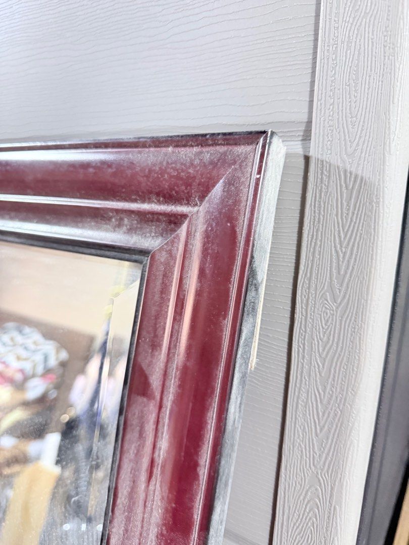 Large Maroon Framed Wall Beveled Mirror (Category: Mirrors) located in Manila. Submitted by jaychiiiii (Listing ID 1410672909, Image 3). Description: - Large rectangular mirror - Maroon frame - Dimensions: 59 inches (height) x 30 inches (width) - Minor imperfections on the frame (marks, small chip) - Ideal for bedroom or living room.